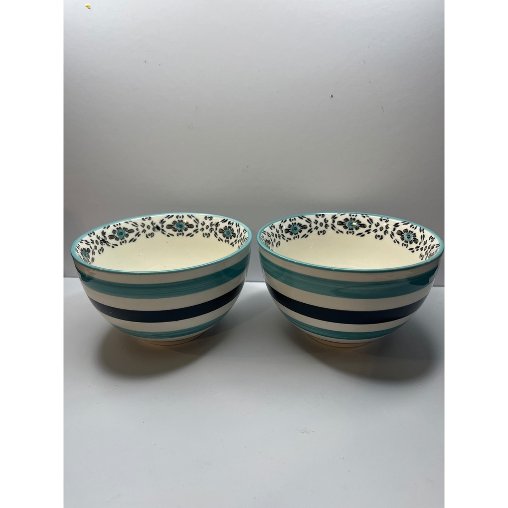 World Market Ceramic Bowls Set of 2 Turquoise Navy Blue Striped Floral 5 Inch